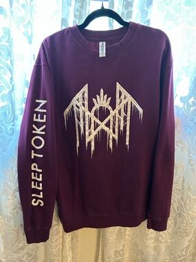 Sleep Token Maroon Graphic Crewneck Sweatshirt with Sleeve Text